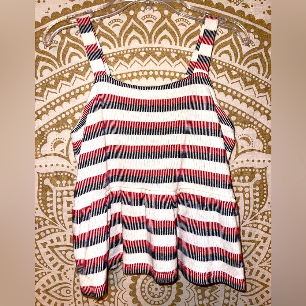 GIRLS “GOOD LUCK GIRL” RED-WHITE-BLUE SOFT STRIPED SWEATER TANK TOP, SIZE LARGE